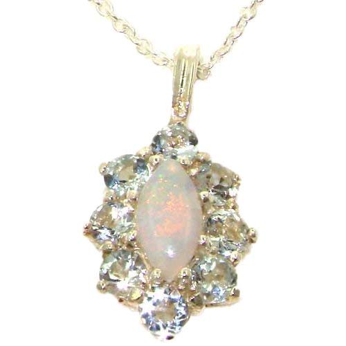 Ladies Solid 925 Sterling Silver Natural Opal & Aquamarine Cluster Pendant Necklace