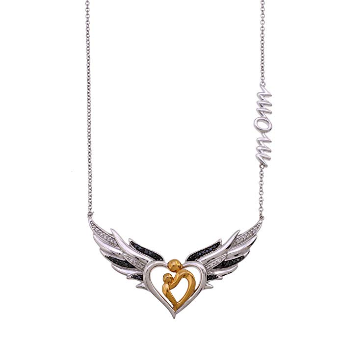 Mother and Child Angel Wing Sterling Silver Necklace with Black & White Diamonds (0.14 Carat)