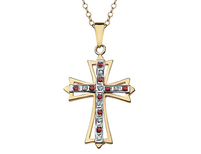 Red Ruby Cross Pendant Necklace in Sterling Silver and 14K Yellow Gold Plating