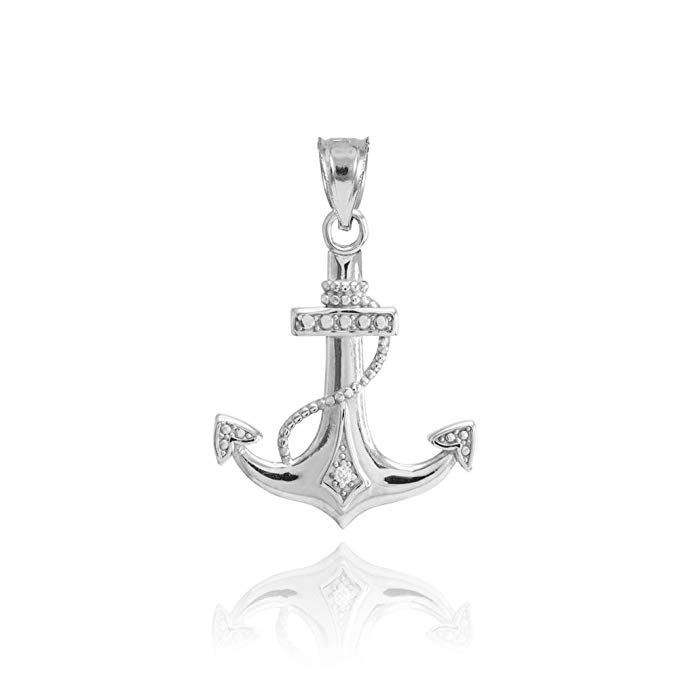 High Polish 14k White Gold Diamond-Accented Fouled Anchor Necklace Pendant