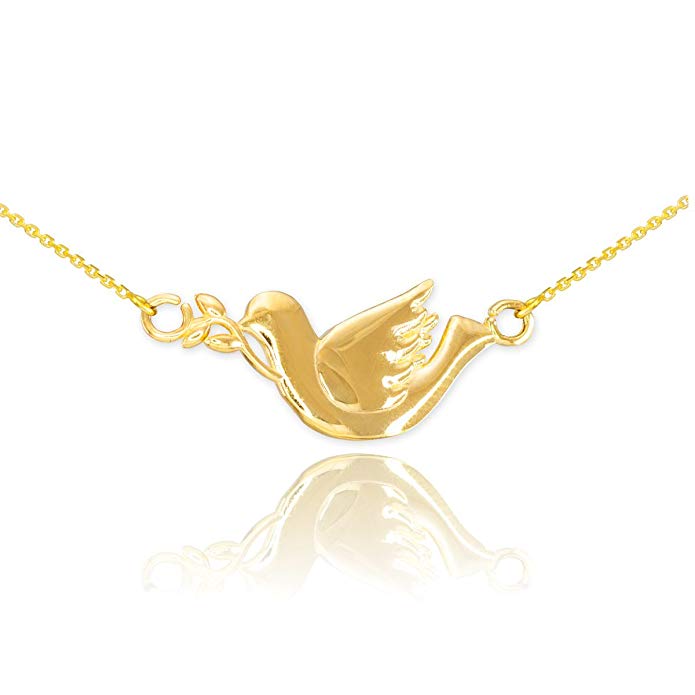 High Polish 14k Yellow Gold Peace Dove with Olive Branch Pendant Necklace