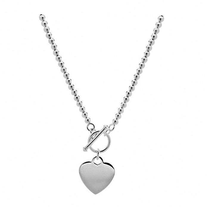 Amoro Polished 925 Sterling Small Silver Heart and Bead 4mm Necklace, 17.5