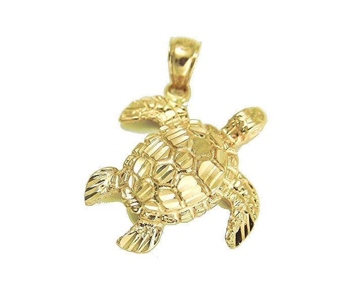 14k Solid yellow gold sparkly diamond cut Hawaiian sea turtle honu pendant