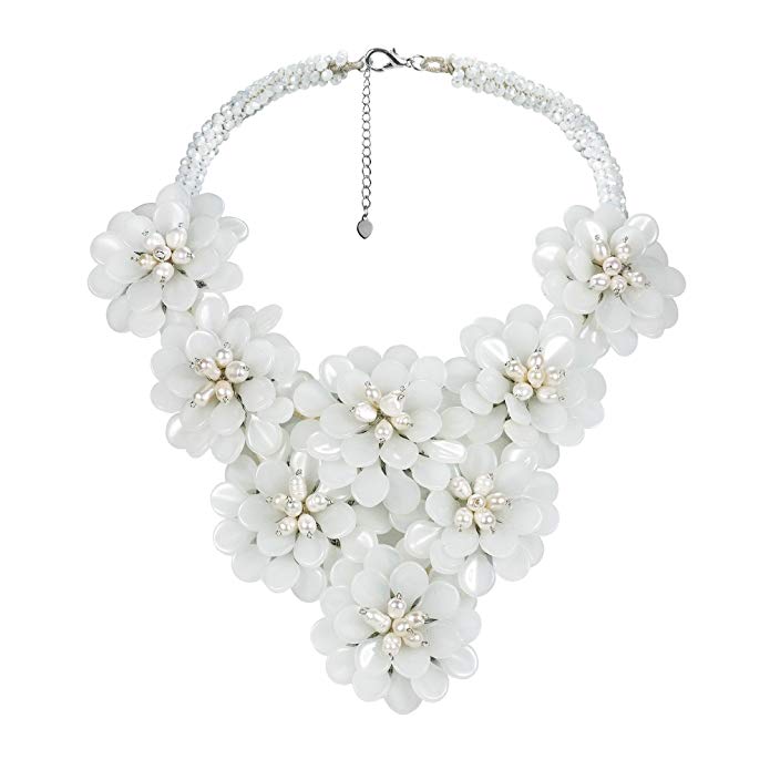 AeraVida Floral Enchantress Cultured Freshwater Pearl and Milk Quartz Statement Necklace