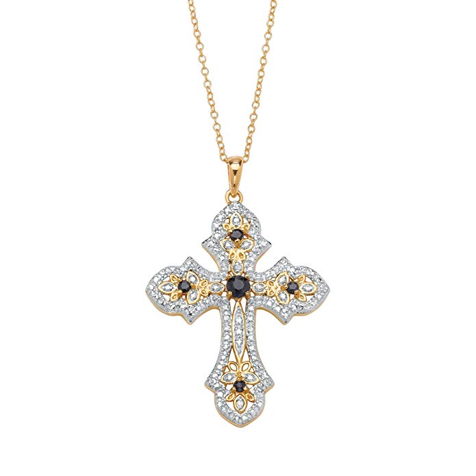 Genuine Midnight Blue Sapphire Diamond Accent 18k Gold over .925 Sterling Silver Cross Necklace 18