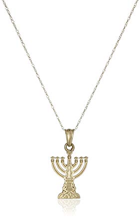 JewelStop 14K Solid Yellow Gold Menorah Charm Pendant Necklace - 18