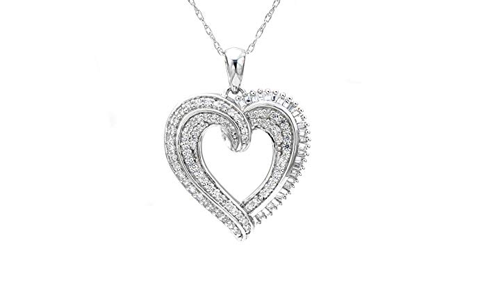 Sterling Silver Round and Baguette Diamond Swirled Design Heart Pendant (1 cttw, 18 Inches)