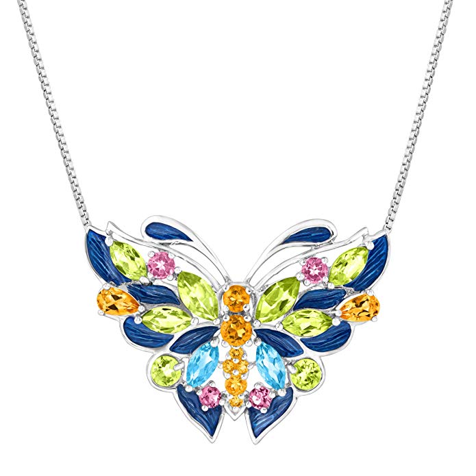 4 1/6 ct Natural Peridot, Citrine, Topaz and Pink Tourmaline Sterling Silver Butterfly Pendant, 18