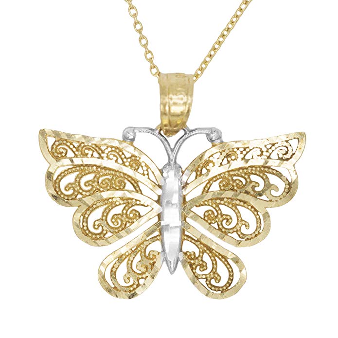 Ice on Fire Jewelry 10k Two Tone Yellow Gold Butterfly Animal Pendant Necklace with Diamond Cut Finish