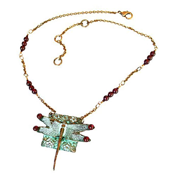 Verdigris Patina Dragonfly Necklace with Garnet