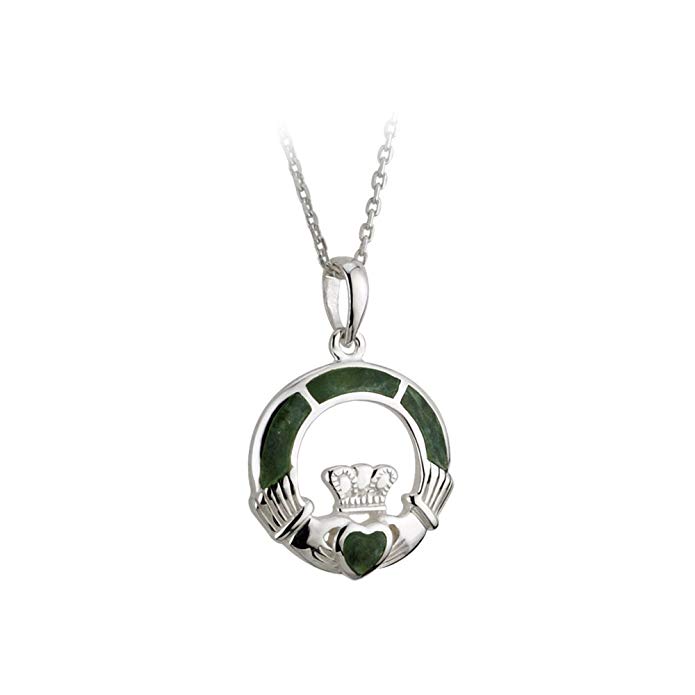 Claddagh Necklace Sterling Silver & Connemara Marble Pick Chain Length