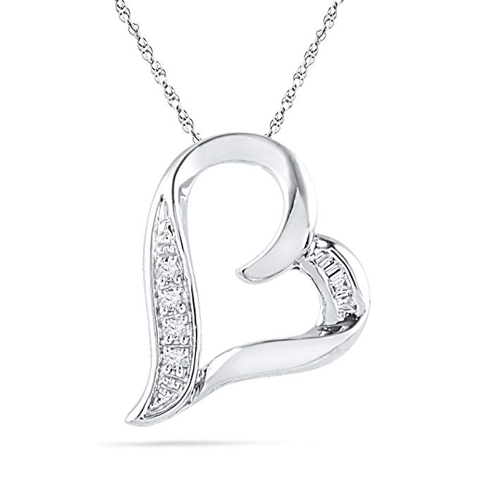 10KT White Gold Round & Baguette Diamond Heart Pendant (0.04 cttw)