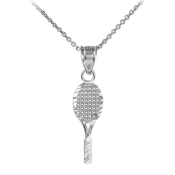 10k White Gold Tennis Racquet Sports Charm Pendant Necklace