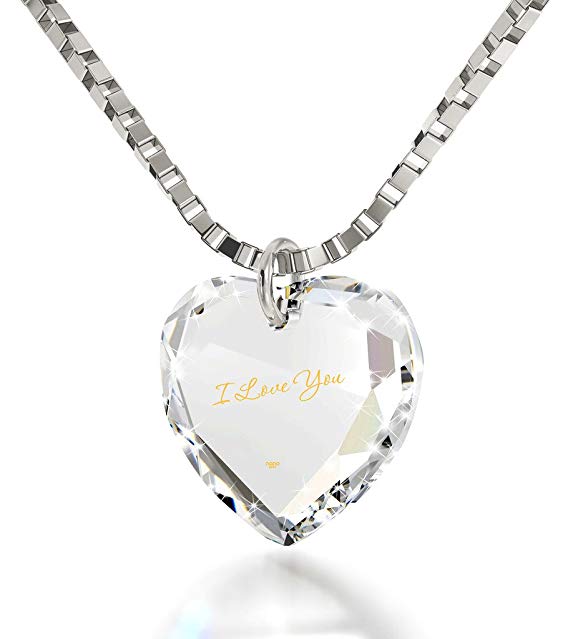 Tiny Heart Pendant Necklace 24k Gold Inscribed with I Love You on Crystal, 18