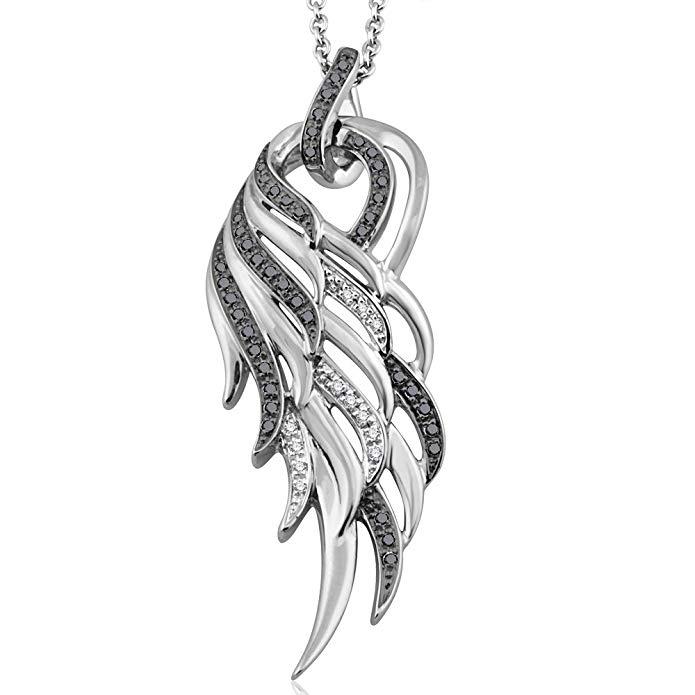 925 Sterling Silver Angel Feather Wing White and Black Diamond Pendant Necklace (0.17 carat)