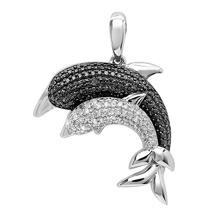 Dazzlingrock Collection 0.12 Carat (ctw) Sterling Silver White & Black Diamond Ladies Double Dolphin Pendant