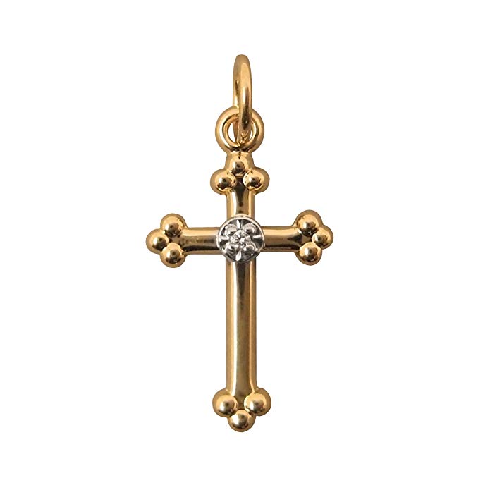 LooptyHoops Two Tone 14K Yellow and White Gold Diamond Small Cross Pendant Charm