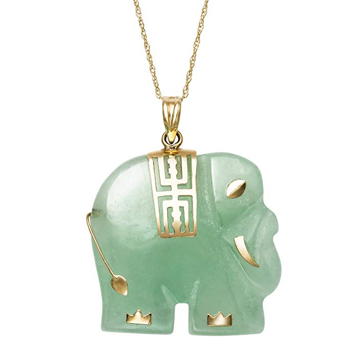 14K Yellow Gold Unisex Natural Green Jade Elephant Charm Pendant Chain Necklace, 18