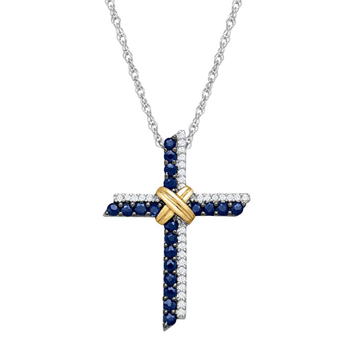 3/8 ct Sapphire & 1/10 ct Diamond Cross Pendant Necklace in Sterling Silver & 14K Gold