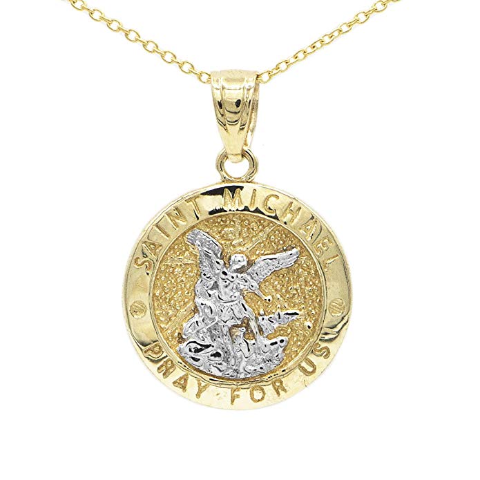 Ice on Fire Jewelry 10k Two Tone Gold Saint Michael Pray For us Pendant Necklace (No Chain)