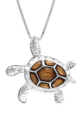 Sterling Silver Koa Wood Turtle Necklace Pendant with Box Chain