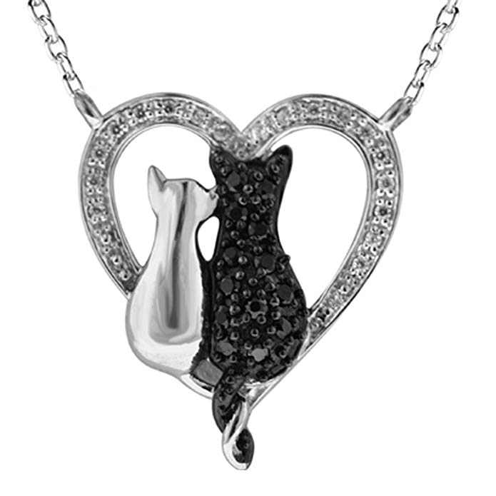 Tender Voices Black and White Diamond Momma Cat and Kitten Heart Pendant in Sterling Silver