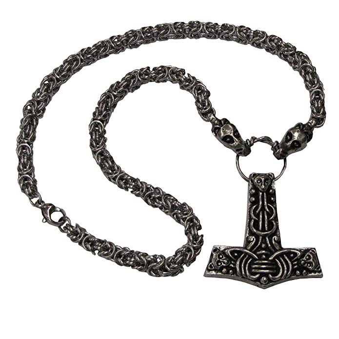 Pewter Viking Pagan Faroese Thor's Hammer Mjolnir Pendant on Dragon Chain