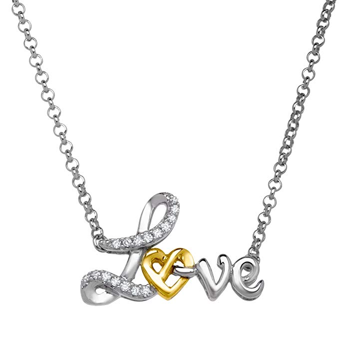 Script 'Love' Pendant Necklace with Diamonds in Sterling Silver & 14K Gold