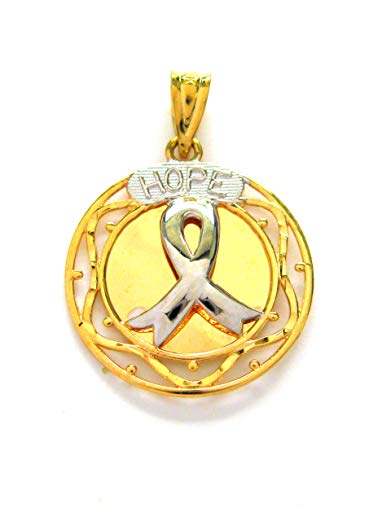 14K Solid Yellow White Gold Breast Cancer Ribbon Awareness Hope Charm Pendant