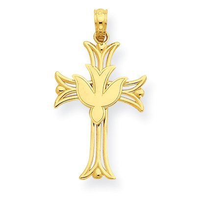 14k Gold Polished Dove Cross Pendant Charm (1.1