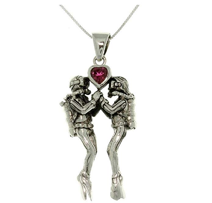 Jewelry Trends Sterling Silver Sea Life Scuba Divers Garnet Heart Pendant with 18 Inch Box Chain Necklace