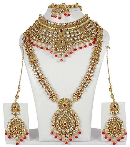 MUCH-MORE Traditional Indian Style Glamorous Polki Indian Necklace Earrings Bridal Set Jewelry