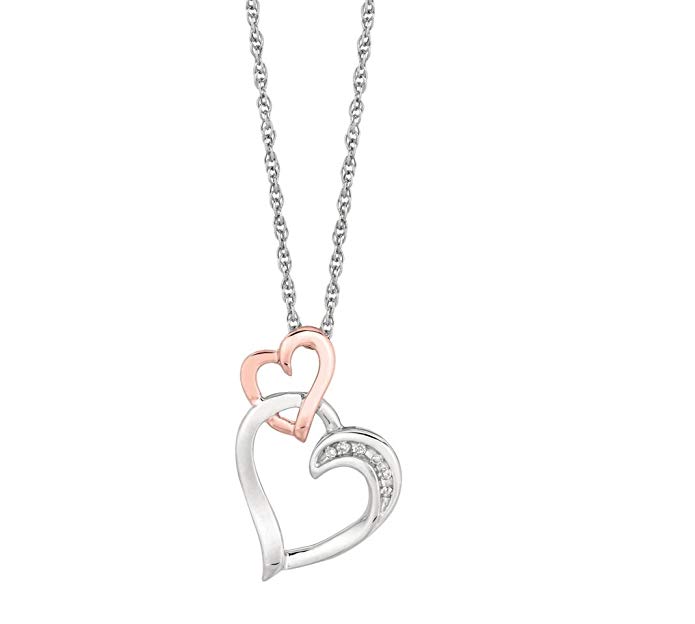 Pendant & Necklace Two Tone Double Heart with 6 Genuine Diamonds,