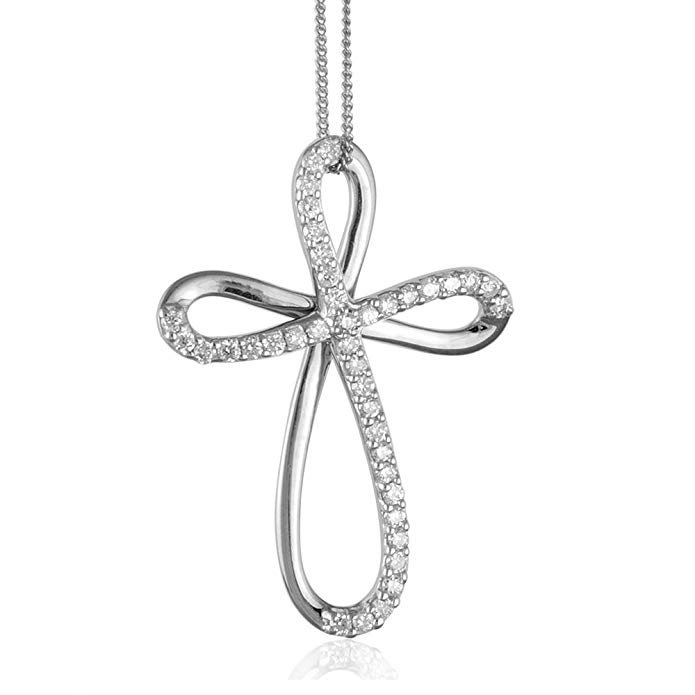 Sterling Silver round diamond cross pendant necklace (0.13 carat) - IGI Certified