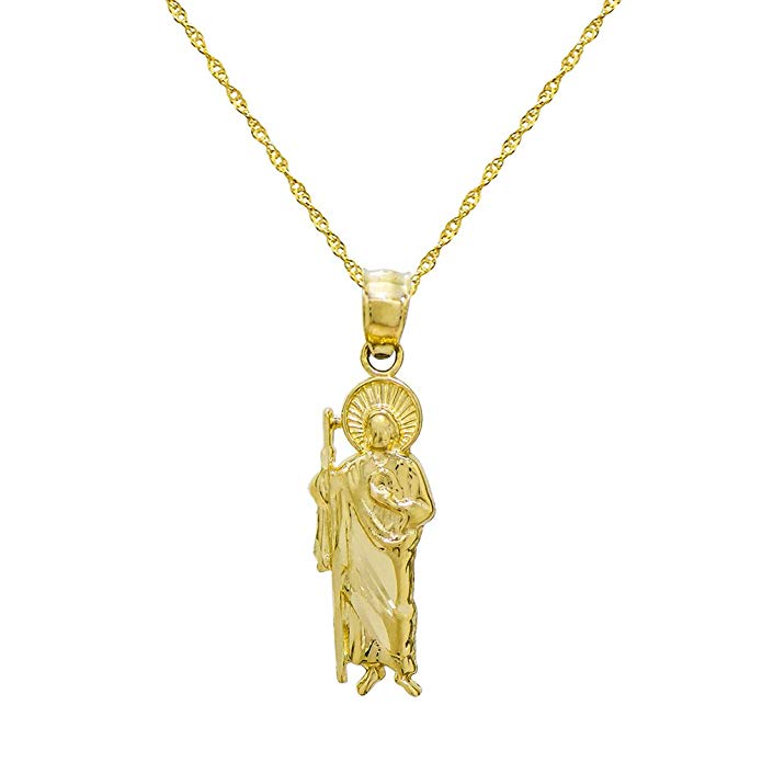 14K Yellow Gold San Judas (St. Jude) Charm Pendant Necklace - 0.8 mm Singapore Chain