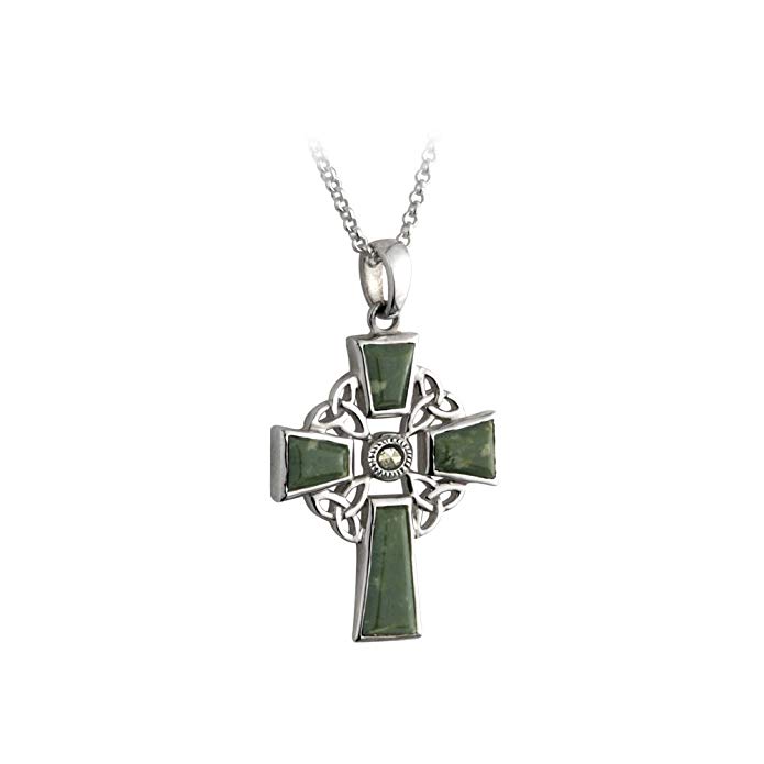 Silver w/ Marcasite & Connemara Marble Celtic Cross-Irish Made