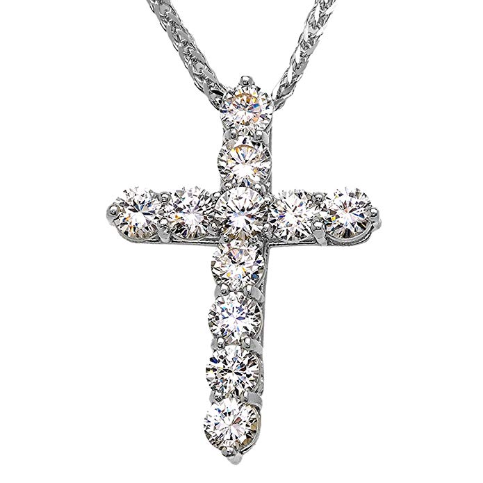 Elegant Sterling Silver 7 Carat Round Cubic Zirconia Cross Pendant Necklace (Large)