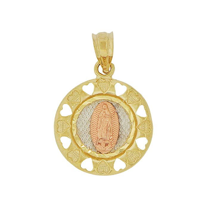 14k Tricolor Gold, Virgin Mary Medal Pendant Religious Charm Round Heart Cutout Border