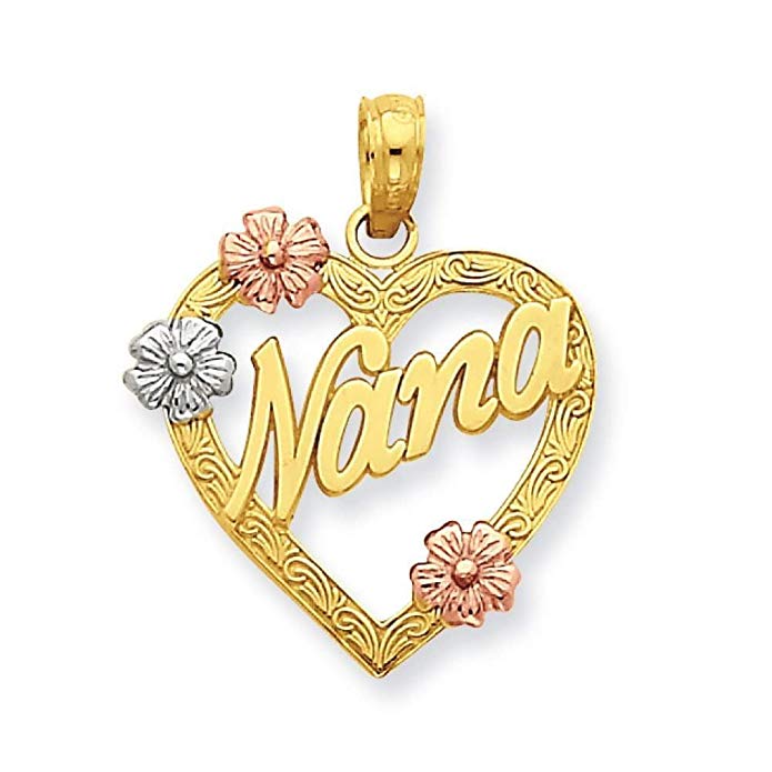 14k Tri-color Gold Nana in Heart with Flowers Charm Pendant 21mmx17mm