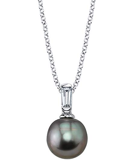 8-9mm Black Tahitian South Sea Cultured Pearl & Cubic Zirconia Baguette Pendant Necklace for Women