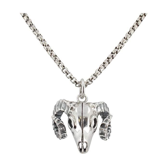 Zoe and Piper Pendants Sterling Silver Ram Skull on 24 Inch Oxidized Chain for Men or Women, 6423-ss