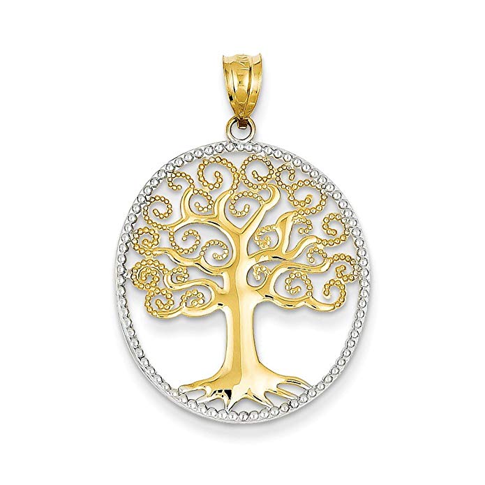 14K Yellow Gold and Rhodium Plated Filigree Tree of Life Pendant