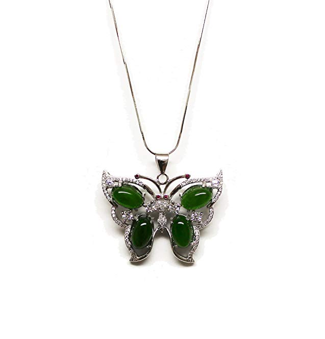 Bella Jade Butterfly Pendant Necklace of Nephrite Jade & Cubic Zirconia on Sterling Silver,18