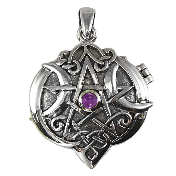 Sterling Silver Celtic Knot Heart Pentacle Locket with Natural Amethyst Jewelry