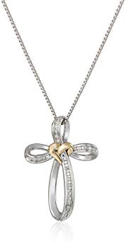 Sterling Silver and 14k Yellow Gold Diamond Love Knot Cross Pendant Necklace (.10cttw)