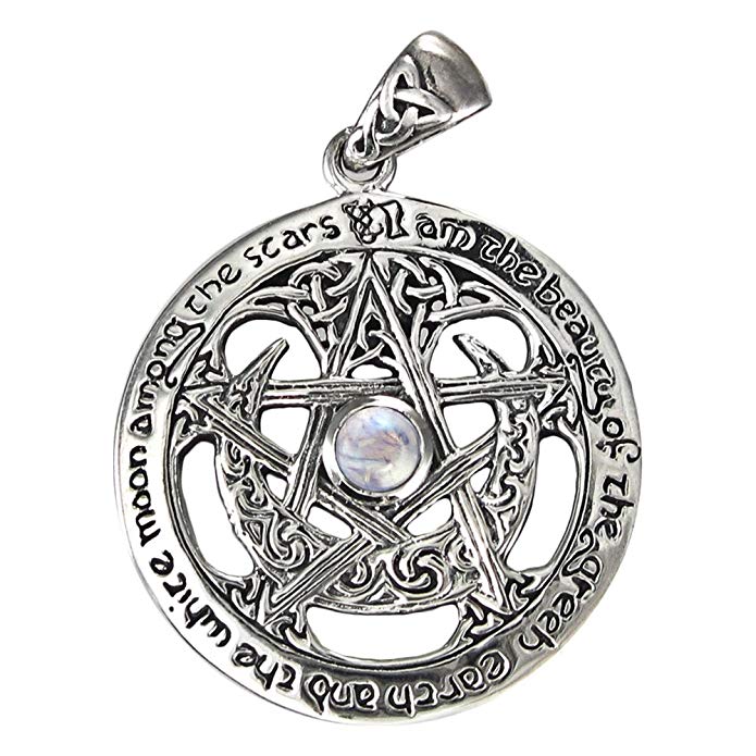 Sterling Silver Large Moon Goddess Wiccan Pentacle Pendant Natural Rainbow Moonstone; 1.25 Inch Diameter