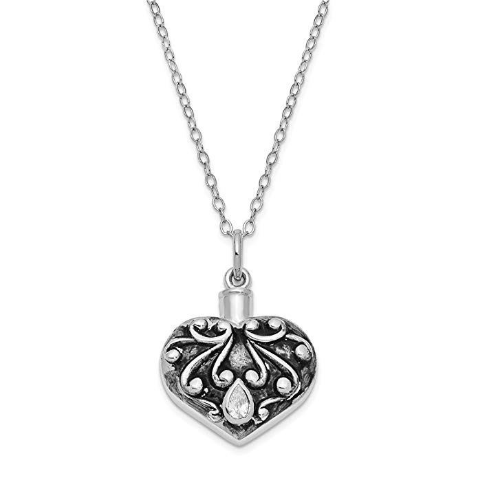 Bonyak Jewelry Sterling Silver Antiqued CZ Heart Remembrance Ash Holder 18in Necklace