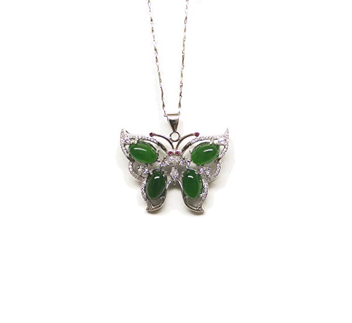 Bella Jade Butterfly Pendant Necklace of Nephrite Jade & Cubic Zirconia on Sterling Silver,18