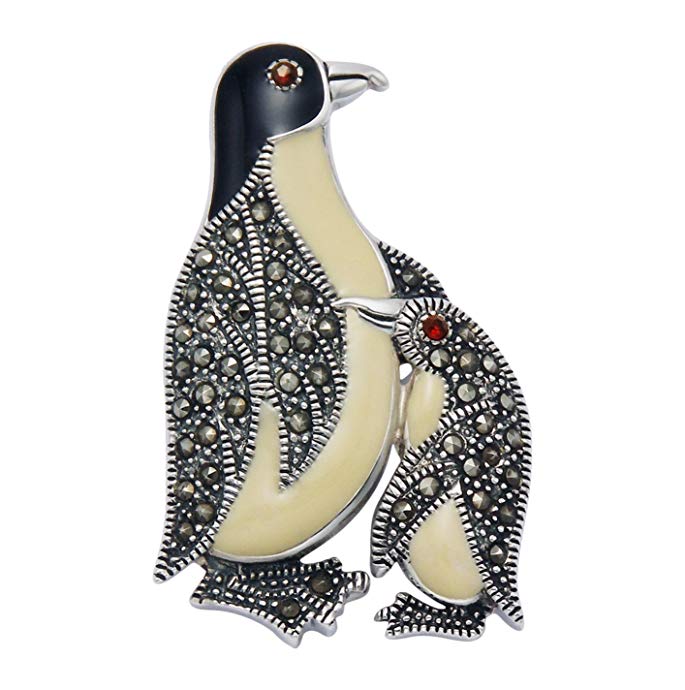 Wild Things Sterling Silver Mother Penguin & Chick Pendant with Marcasite Stones & Enamel